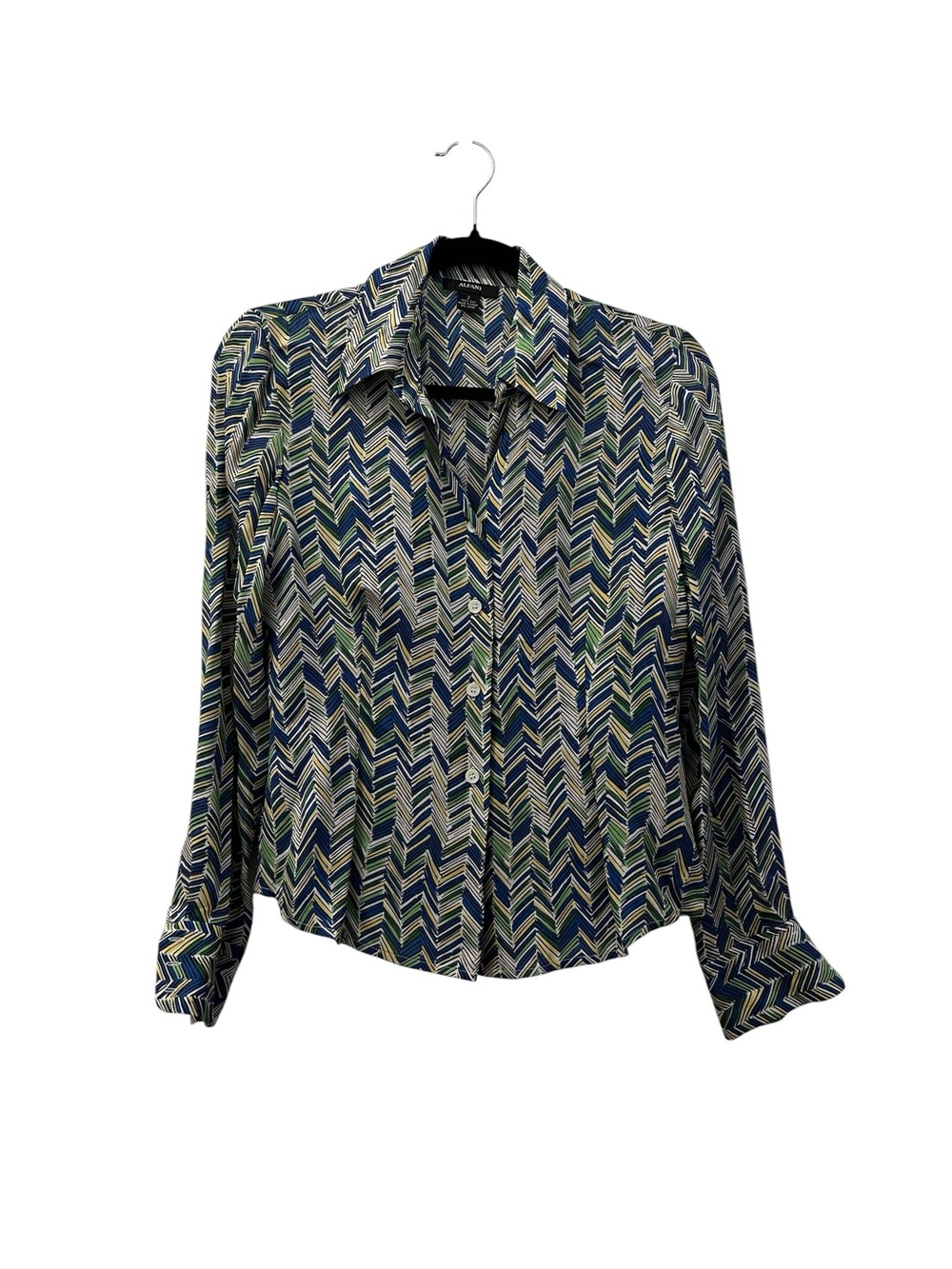 Alfani 100% Silk Bright Chevron Print Blouse | Designer Button Down Top Size 2